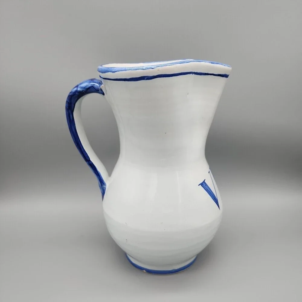 Talavera Spain Vino Pitcher Jug Hand Painted Pottery White Cobalt Blue Marked